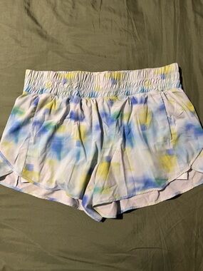 Avia Women's Pastel Tie-Dye Athletic Shorts in Blue and Yellow